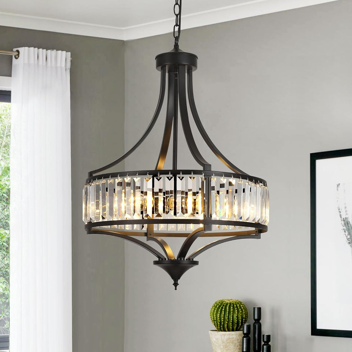 20" Modern Farmhouse Crystal Chandeliers for Dining Room, 5-Light Black Antique Pendant Chandelier, Contemporary Hanging Light Fixture for Living Room Bedroom Foyer Kitchen Island Entryway