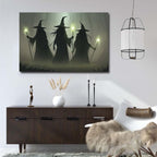 Vintage 3 witches canvas wall decor melancholy dark Halloween poster wall decor holding a staff print Gothic horror Halloween painting print for living room bedroom20x30in Wood Framed