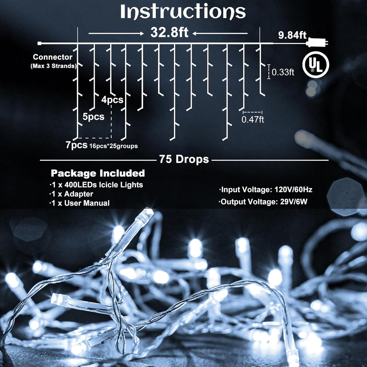 Icicle lights Outdoor - 33ft Christmas Lights with 400LED 75 Drops 8 Modes, Plug in Curtain String Lights Waterproof for Holiday Wedding Party Home Garden Bedroom Indoor Outdoor Decoration, Cool White