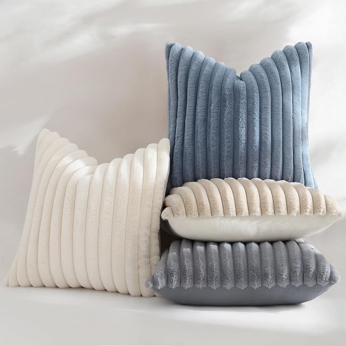 decorUhome Fall Faux Fur Throw Pillow Covers 18x18 Set of 2 Grey Blue | - Image 5