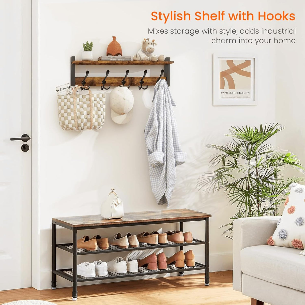 Homode Rustic Brown Wall Mount Coat Rack with Shelf and 5 Tri Hooks, Wood Coat Hangers for Hanging Hat, Towel, Purse, Jacket