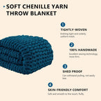 L'AGRATY Chunky Knit Blanket Throw: 80''x90'' Chenille Chunky Knitted Throw Blankets for Bed Couch - Handmade Thick Big Cable Knit Blanket - Large Crochet Rope Blankets for Home Decor(Blue)