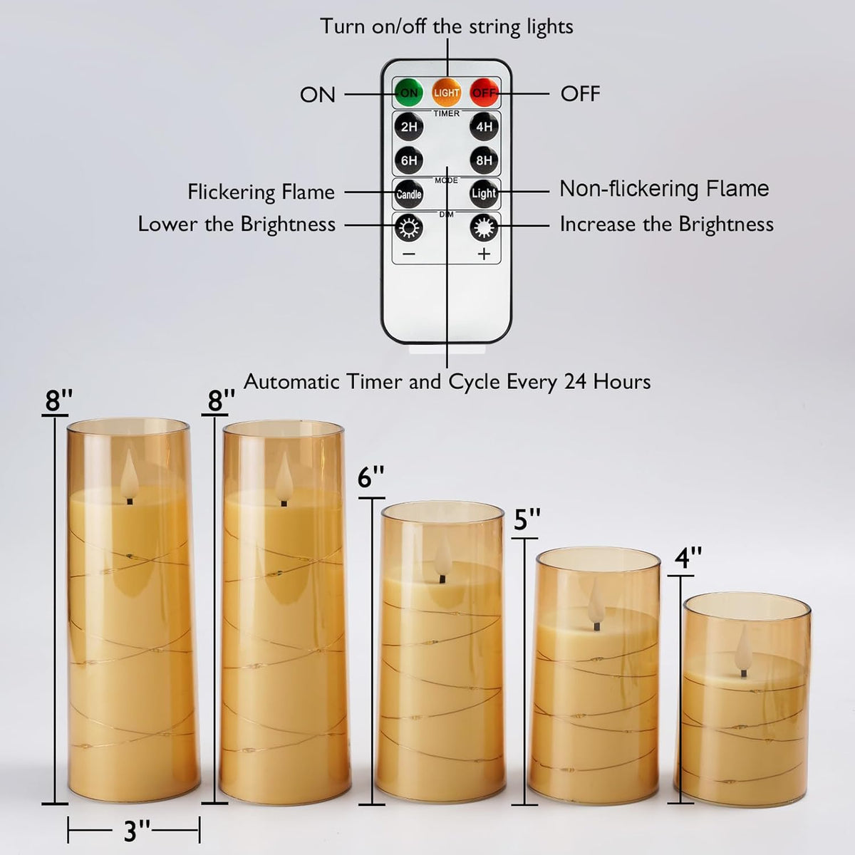 Homemory Acrylic Flameless Candles with Embedded Star String Fairy Lights, Battery Operated Candle, LED Candles, Fake Candles with Remote Control and Timer for Halloween, Amber, Set of 5(H4"5"6"8"8")