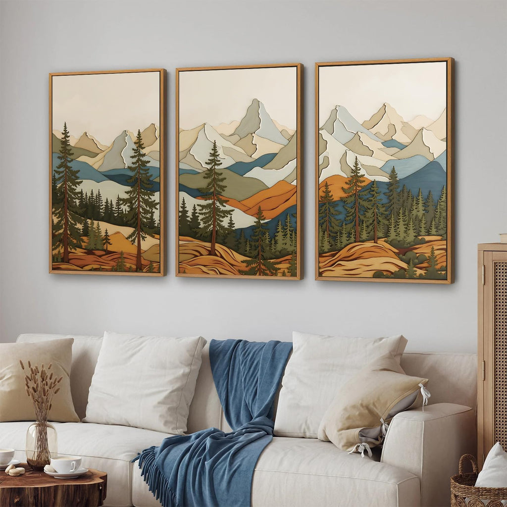 SIGNINART Vintage Mountains Framed Canvas Wall Art, Wooden Forest Wall Decor, Green Wood Pine Trees Wilderness Artwork, Metal Ridge Landscape Art Paintings for Living Room Bedroom Office 16"x24"x3
