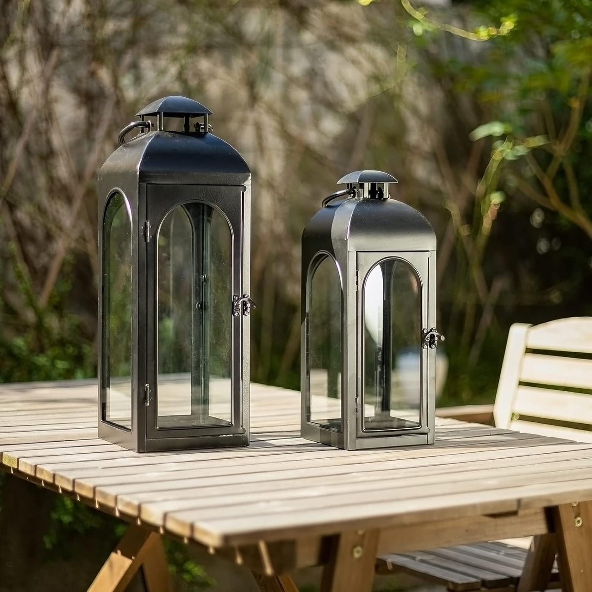 Bdor 2 Pack Luxury Black Metal Lanterns – 16" Tall Modern Hurricane Candle Lanterns with Tempered Glass Panels for Front Porch, Tabletop, Mantel, Wall Hanging, Garden, Indoor & Outdoor Décor