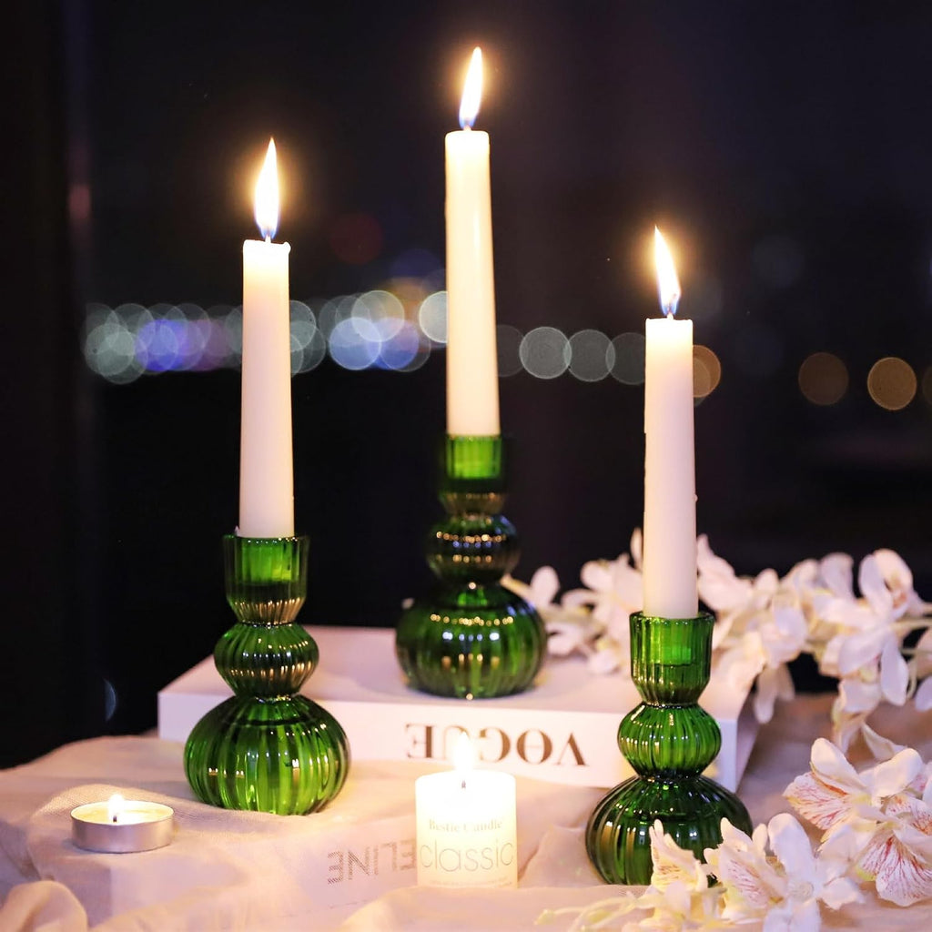 Woho Green Taper Candle Holders Set of 3 for Christmas Decorations, 4.3" H Ribbed Glass Candlestick Holders for Spring Wedding Table, Vintage Candle Sticks Holder Decor Home Decor