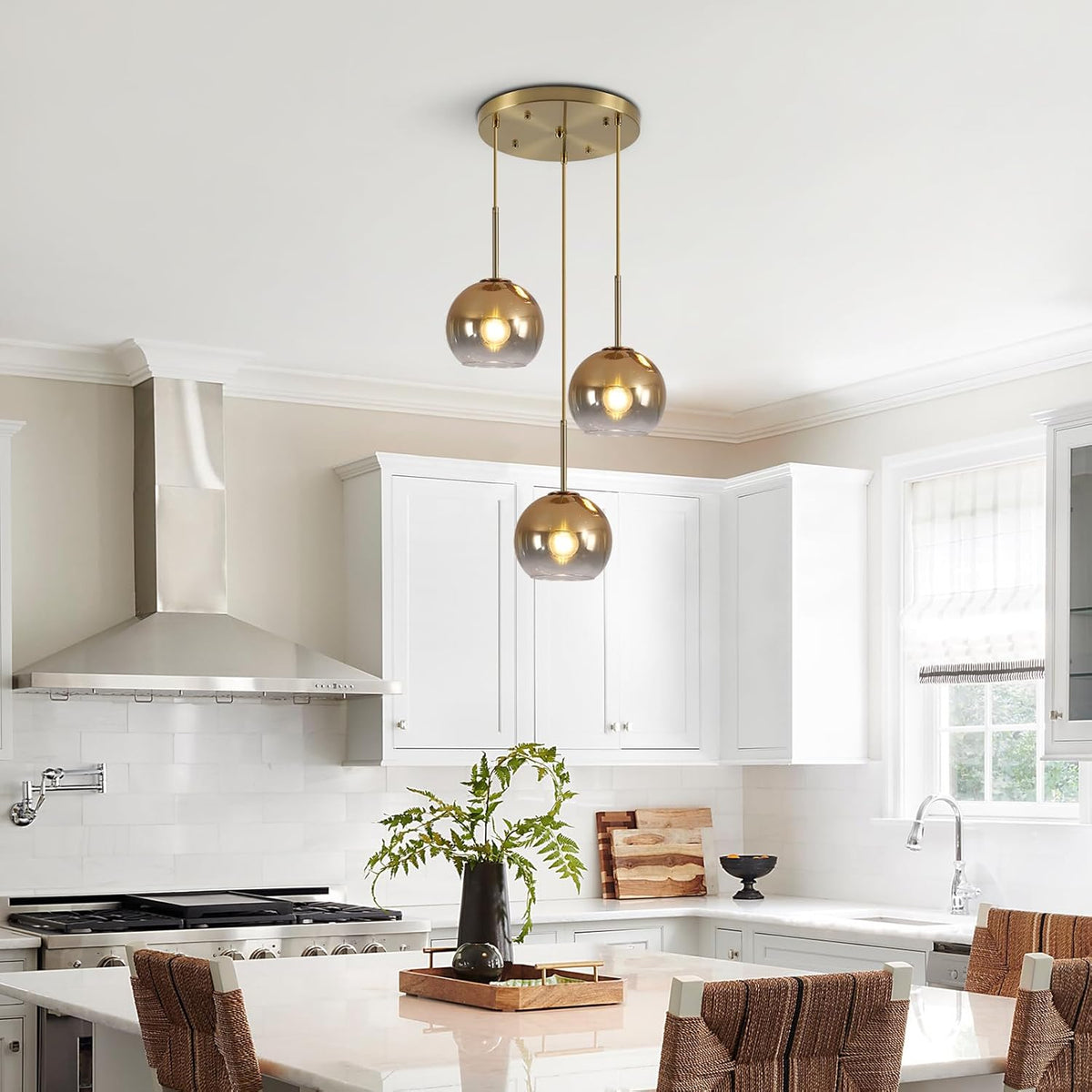 KCO Lighting 3 Light Globe Cluster Pendant Light Modern Glass Cluster Chandelier Gold Glass Pendant Light Fixture Mid Century Dining Room Chandelier Multi Pendant Light Fixture