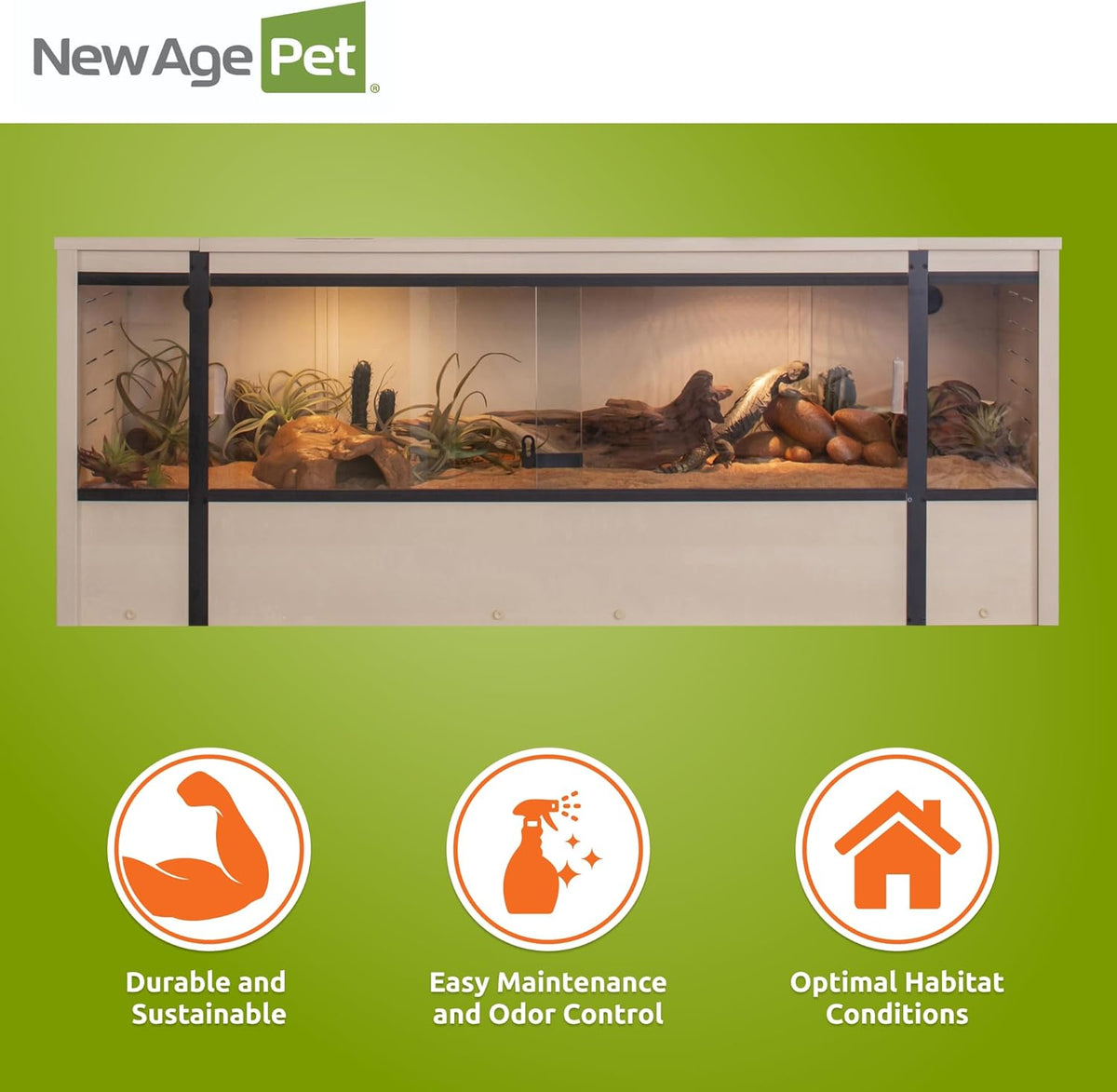New Age Pet ECOFLEX 60-Inch Mojave Reptile Lounge in Maple- Durable, Moisture-Resistant Wood Plastic Composite Habitat with Vented Side Panels, Removable Sliding Glass Doors & Lock