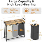 Laundry Hampers 3 Section, Laundry Sorter with Removable Shelf and Pull-Out Bags, Clothes Hampers with Wheels Rolling Cart Basket for Laundry Room Bathroom, 3 x 40 L (Black White Gray)