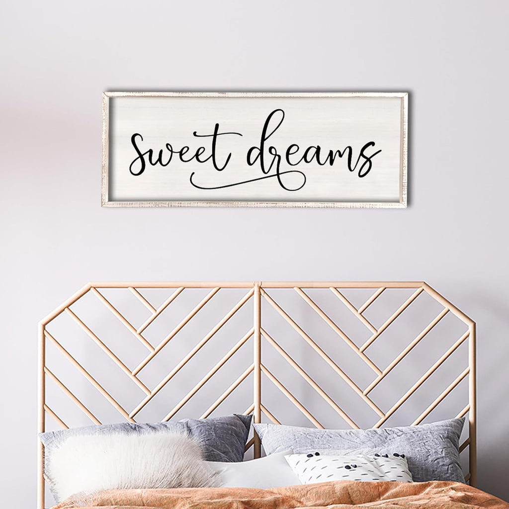comurdyo Sweet Dreams Wall Decor Above Bed Sign 40" x 15" Master Bedroom Wooden Antique Framed Large Rustic Farmhouse Guest Room Beautiful Simple Hanging Plaque Over Bed Wall Art (White)