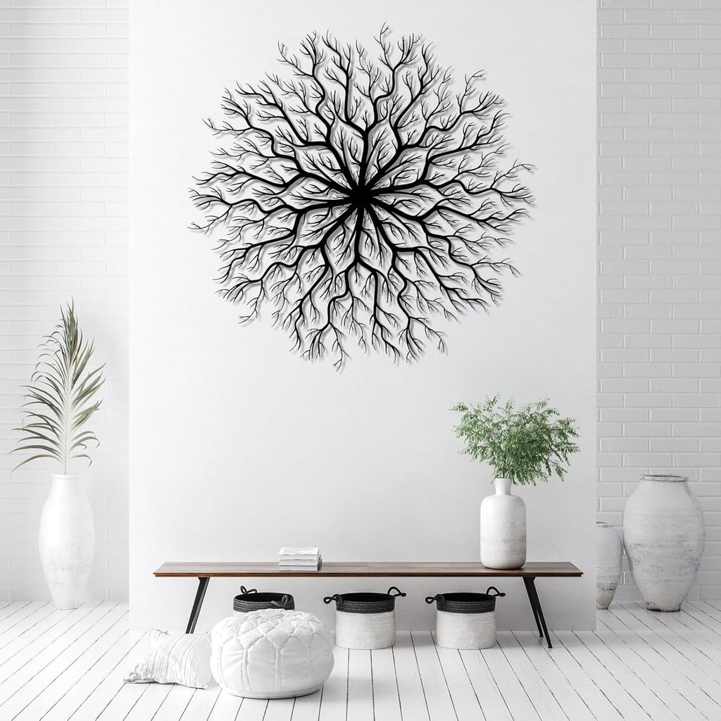 Tree of Life Metal Wall Art, Metal Tree Wall Art, Large Round Sculpture, Round Branch Wall Decor, Large Branch Artwork, Nature Sign, Wall Decor for Living Room, Housewarming Gift (Silver, 28"x28"|70x70cm)