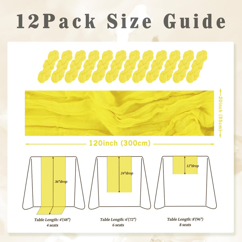 12 Pack Yellow Cheesecloth Table Runner 20 x 120 Inch Long Rustic Gauze Cheese Cloth Table Runner for Wedding 10FT Bridal Baby Shower Table Decorations Boho Fabric Sheer Birthday Party Table Decor
