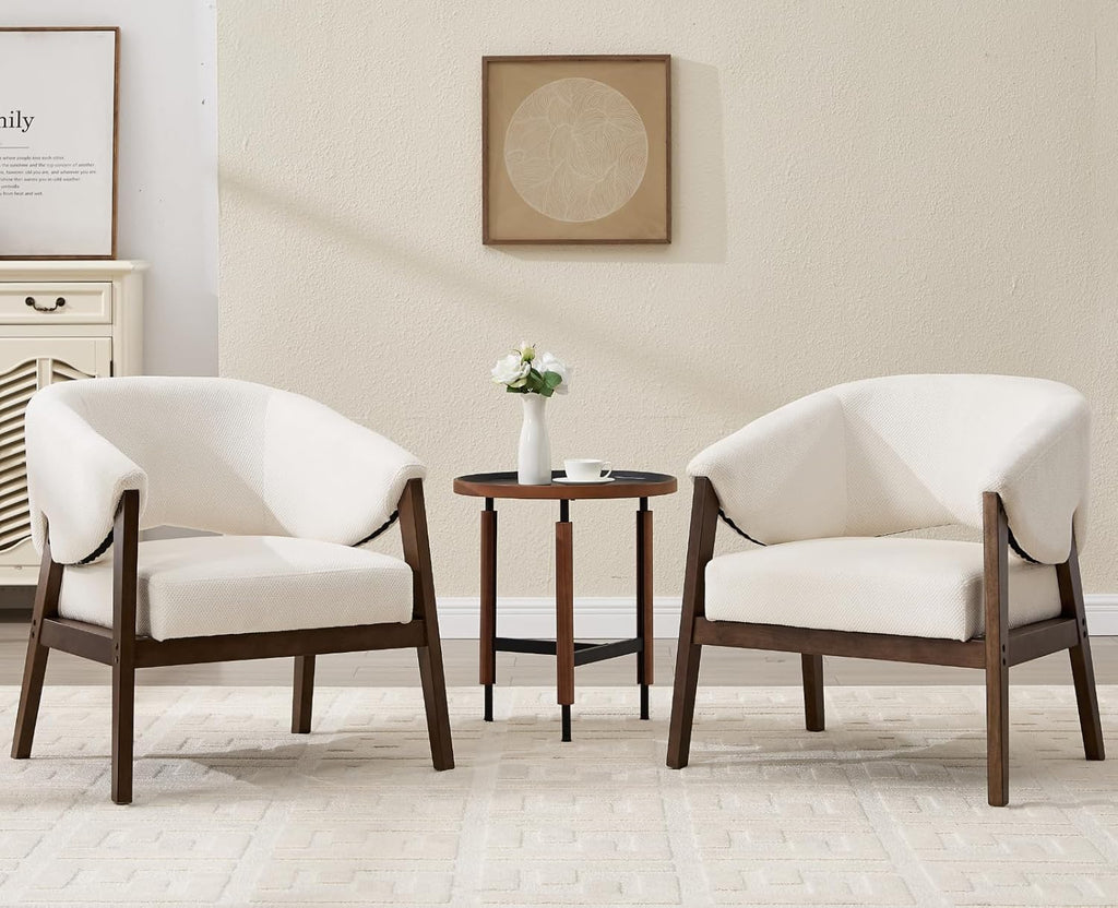 Mid-Century Modern Accent Chairs Set of 2, Comfy Barrel Armchairs with Wide Seat, Upholstered Lounge Chairs with Walnut Wood Legs for Living Room/Bedroom/Reading Corner, Chenille, Beige