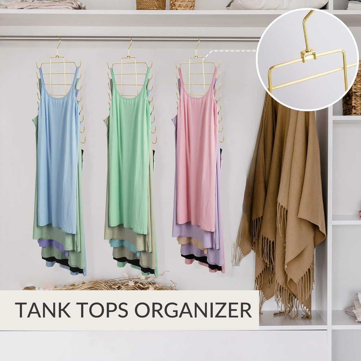 ZEDODIER 3 Pack Tank Top Hanger, Space Saving Bra Hangers, Non-Slip Hanging Sport Bras Holder, Closet Organizers and Storage for Camisoles Tank Tops Bras Ties Swimsuits Strappy Dress, Gold