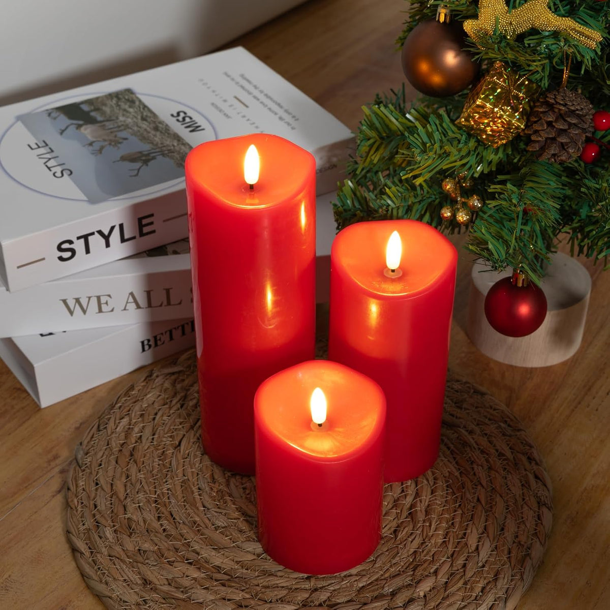NURADA Outdoor Flameless Candles with Remote Timer - Waterproof Realistic Flickering LED Pillar Electric Battery Operated Fake Candle for Home Wedding Christmas Decor - 3 Pack Red(D3”H4”6”8”)