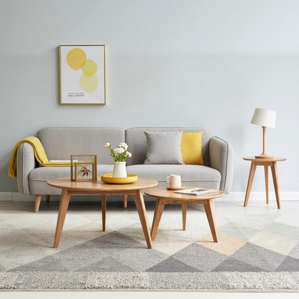 100% Solid Oak Wood Coffee Table Set, Round Coffee Table Combo Side Table w/Solid Wood Legs, Mid Century Table Sturdy Tables for Bedroom Balcony Living Room (Natural, 3 Pieces)