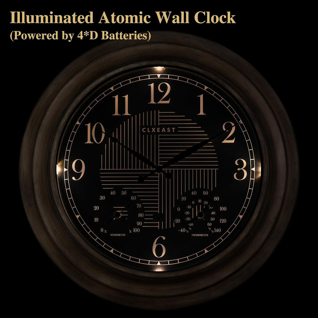 CLXEAST 24 Inch Self-Illuminated in/Outdoor Atomic Wall Clock with Temperature and Humidity, Oversized Large 24 Inch Wall Clocks for Living Room Decor, Brushed Grey Oak Wooden Finish