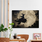 JFHCQJPK Full moon witch silhouette poster witch on magic broom Halloween mural poster decorative mural art suitable for home living room bedroom28x40in Frameless