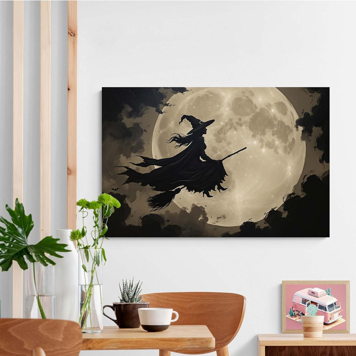 JFHCQJPK Full moon witch silhouette poster witch on magic broom Halloween mural poster decorative mural art suitable for home living room bedroom28x40in Frameless