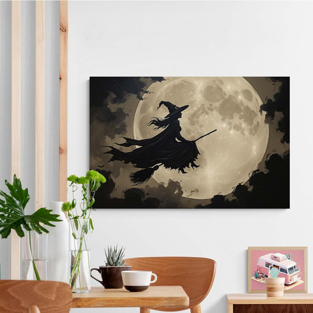 JFHCQJPK Full moon witch silhouette poster witch on magic broom Halloween mural poster decorative mural art suitable for home living room bedroom20x30in Frameless