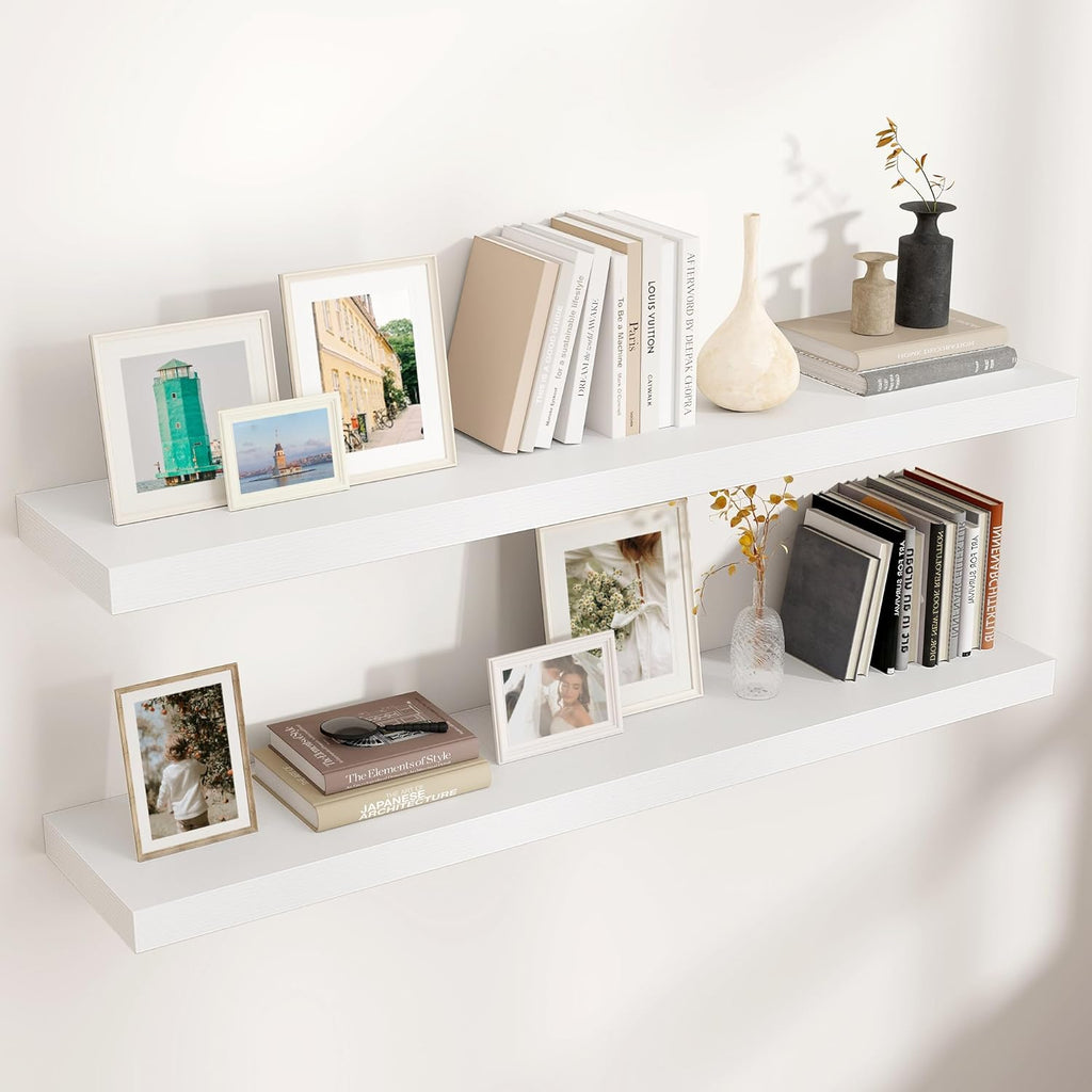 Floating Shelves for Wall, 2 Large Wall Mounted Shelves with Invisible Brackets, Long Wood Floating Wall Shelf Shelves for Living Room, Bedroom, Kitchen, (White, 48" W x 9" D x 1.5" H)