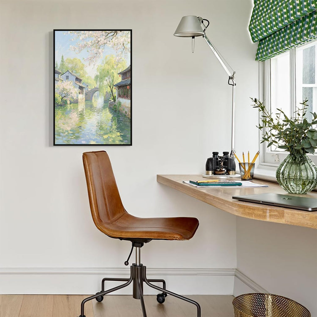 Small bridge stream house Jiangnan style landscape poster suitable for living room bedroom office natural oil painting poster