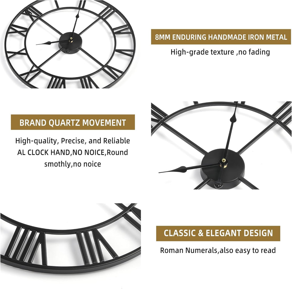 Large Wall Clock for Living Room Decor - 60cm/ 24 Inches Silent Non-Ticking Metal Wall Clocks Battery Operated, Vintage Decorative Modern Wall Clock for Bedroom, Office, Farmhouse Decor