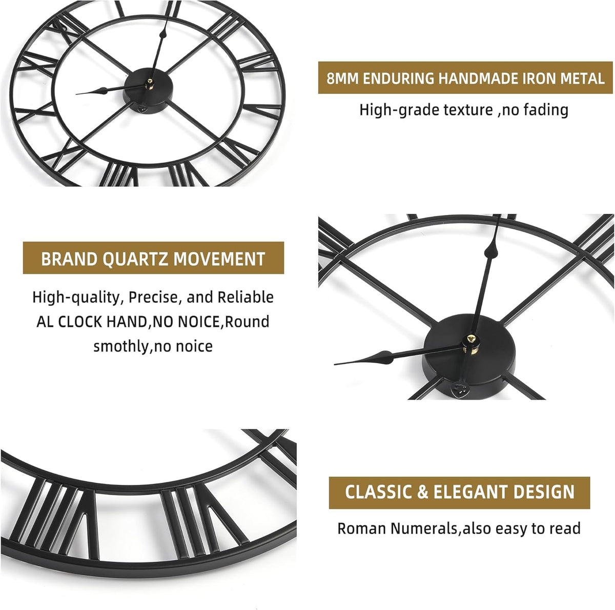 Large Wall Clock for Living Room Decor - 60cm/ 24 Inches Silent Non-Ticking Metal Wall Clocks Battery Operated, Vintage Decorative Modern Wall Clock for Bedroom, Office, Farmhouse Decor