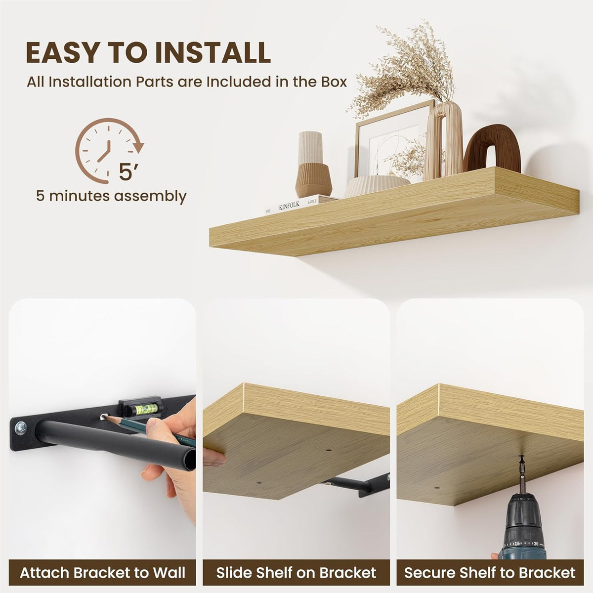 Fun Memories 48 Inch Floating Shelves for Wall - 10 Inch Deep Fireplace Mantel Shelf - Wood Floating Shelves for Wall - Large Storage Shelves Wall Mount for Living Room & Bedroom - Oak - Set of 1