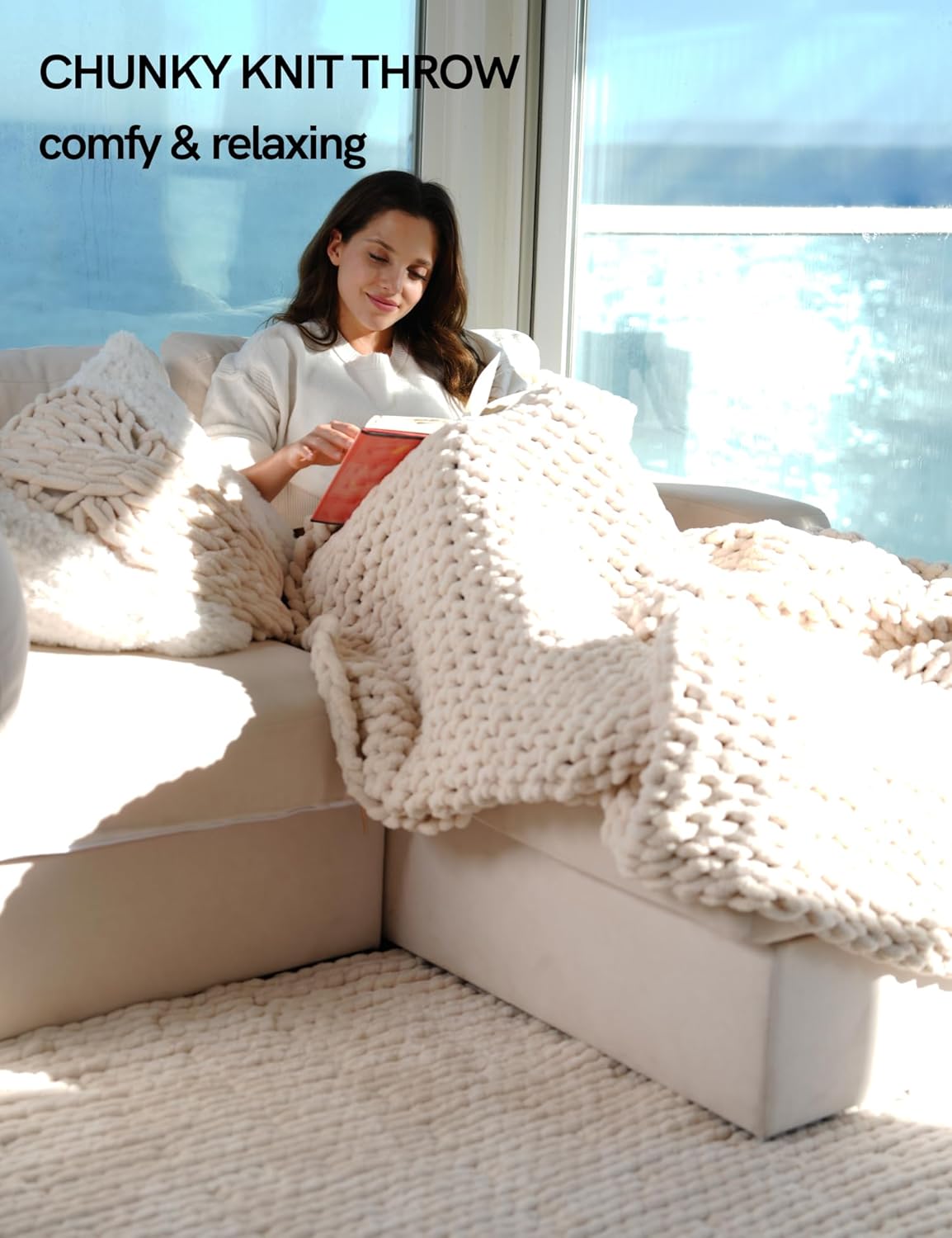 YnM Chunky Throw Blanket, Hand Knitted with Chenille Yarn, Skin Friendly, Ventilated and Breathable, Machine Washable, Home Décor Piece for Couch, Sofa and Bed (Butter Cream, 40x50 Inch)