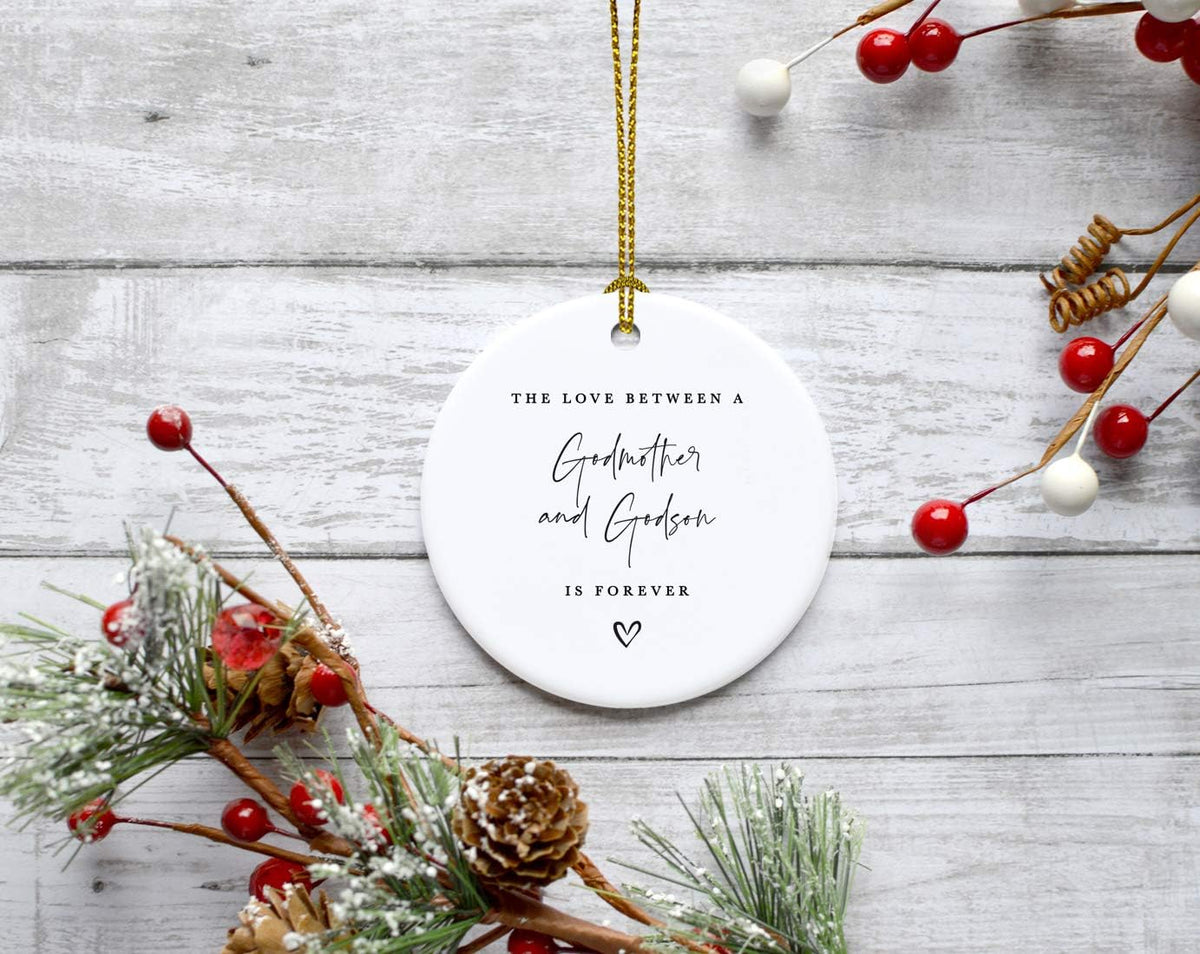 Andaz Press Round Ceramic Porcelain Christmas Tree Ornament Keepsake Collectible Godmother Gift, The Love Between A Godmother And Godson Is Forever, 1-Pack Godmother Ornament 2025 Godson Ornament 2025