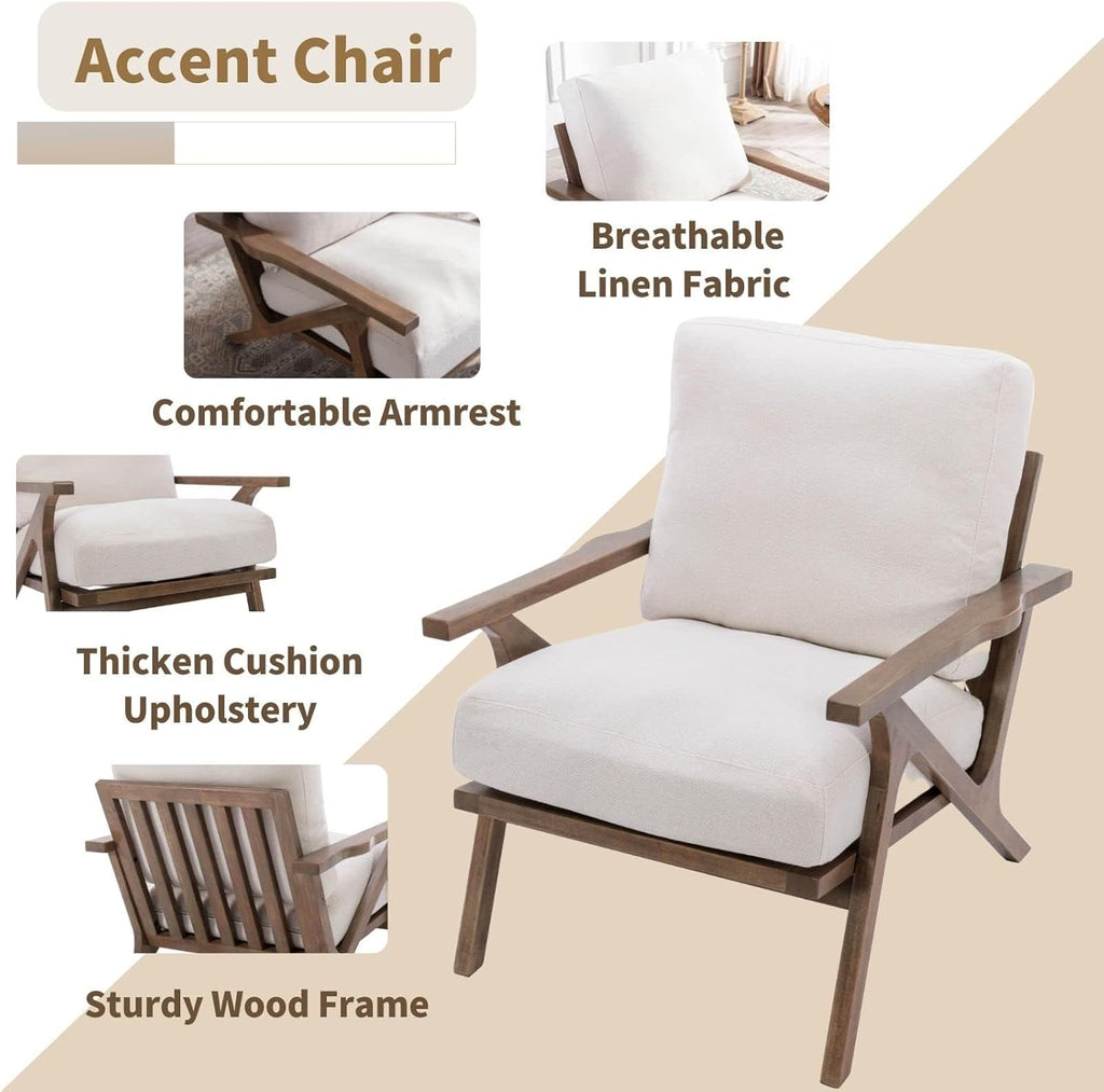 HNY Mid Century Modern Accent Chair, Farmhouse Retro Linen Upholstered Armchair for Living Room Bedroom, 23'' Seat Wide Leisure Slipper Chair with Wood Frame, White