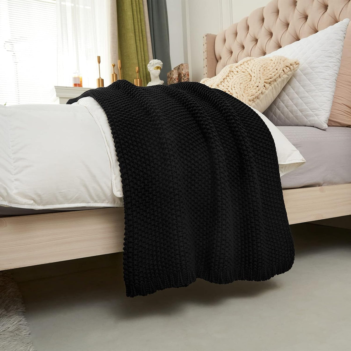 Longhui bedding Chunky Cable Knit Throw Blanket Lightweight Black 100% Organic Cotton Blanket for Sofa Couch Bed Baby Nursery, Rustic Shabby Chic Modern Farmhouse, 51” x 63” Give Laundering Bag