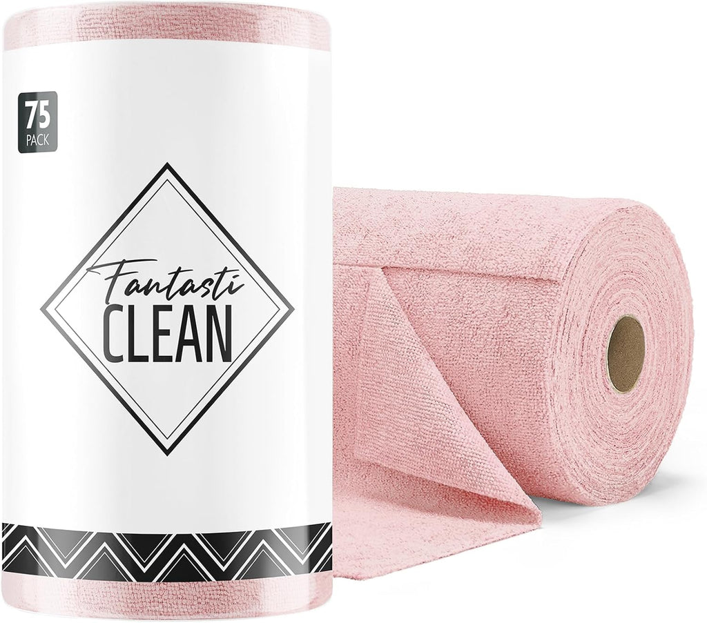 Fantasticlean Microfiber Cleaning Cloth Roll -75 Pack, Tear Away Microfiber Towels, 12" x 12", Reusable, Washable, Scratch Free, Ultra Absorbent Dish Rags for Car, Home, Garage or Shop (Pink)