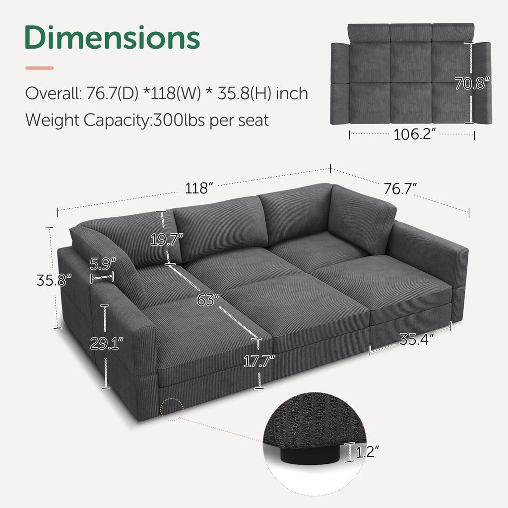 HONBAY Modular Sectional Sofa with Storage Corduroy Sleeper Sofa Modular Sectional Couches for Living Room,Dark Grey