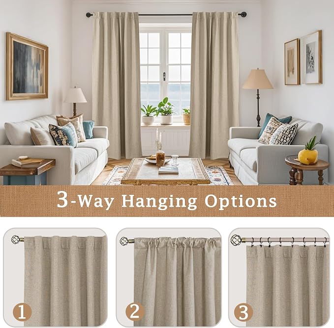 Taupe 100% Blackout Linen Window Curtains 60 Inches 2 Panels | Room Darkening - Image 9