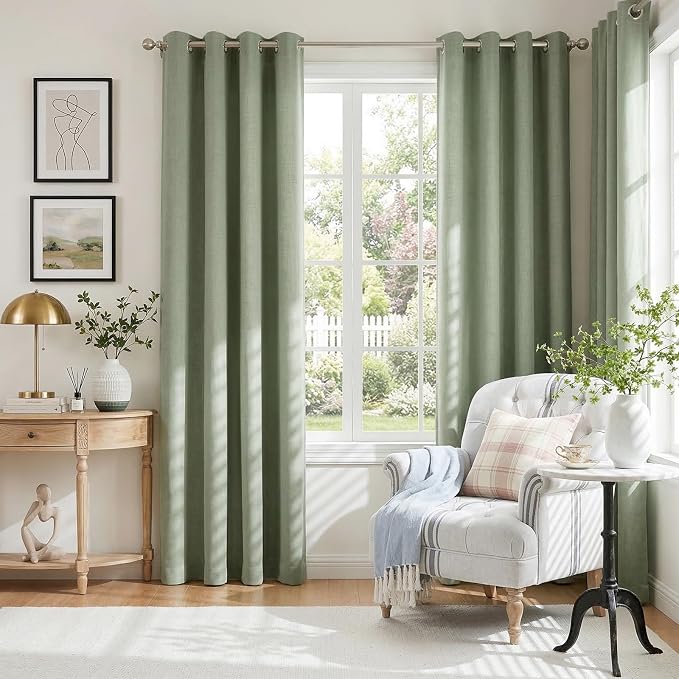 100% Blackout Linen Textured Curtains 96 Inch Long, Sage Green | 100% Blackout - Image 2