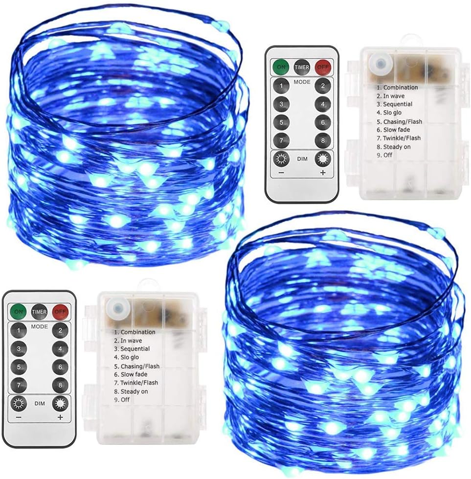 Twinkle Star 2 Pack Christmas Blue Fairy Lights Battery Operated, Total 66 ft 200 Led String Lights Remote Control Timer Twinkle String Lights 8 Modes Firefly Lights for Garden Party Indoor Decor