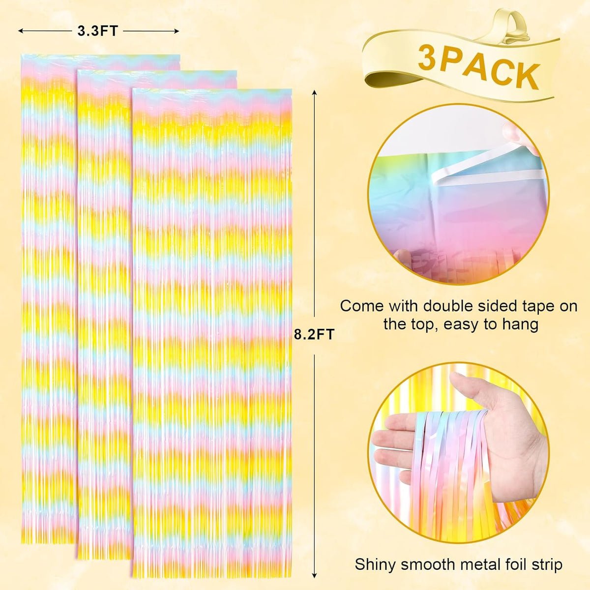 3 Pack 3.3 x 8.2 ft Pastel Rainbow Foil Fringe Backdrop Curtains, Tinsel Streamers Birthday Party Decorations, Fringe Backdrop for Graduation, Baby Shower, Gender Reveal, Disco Party