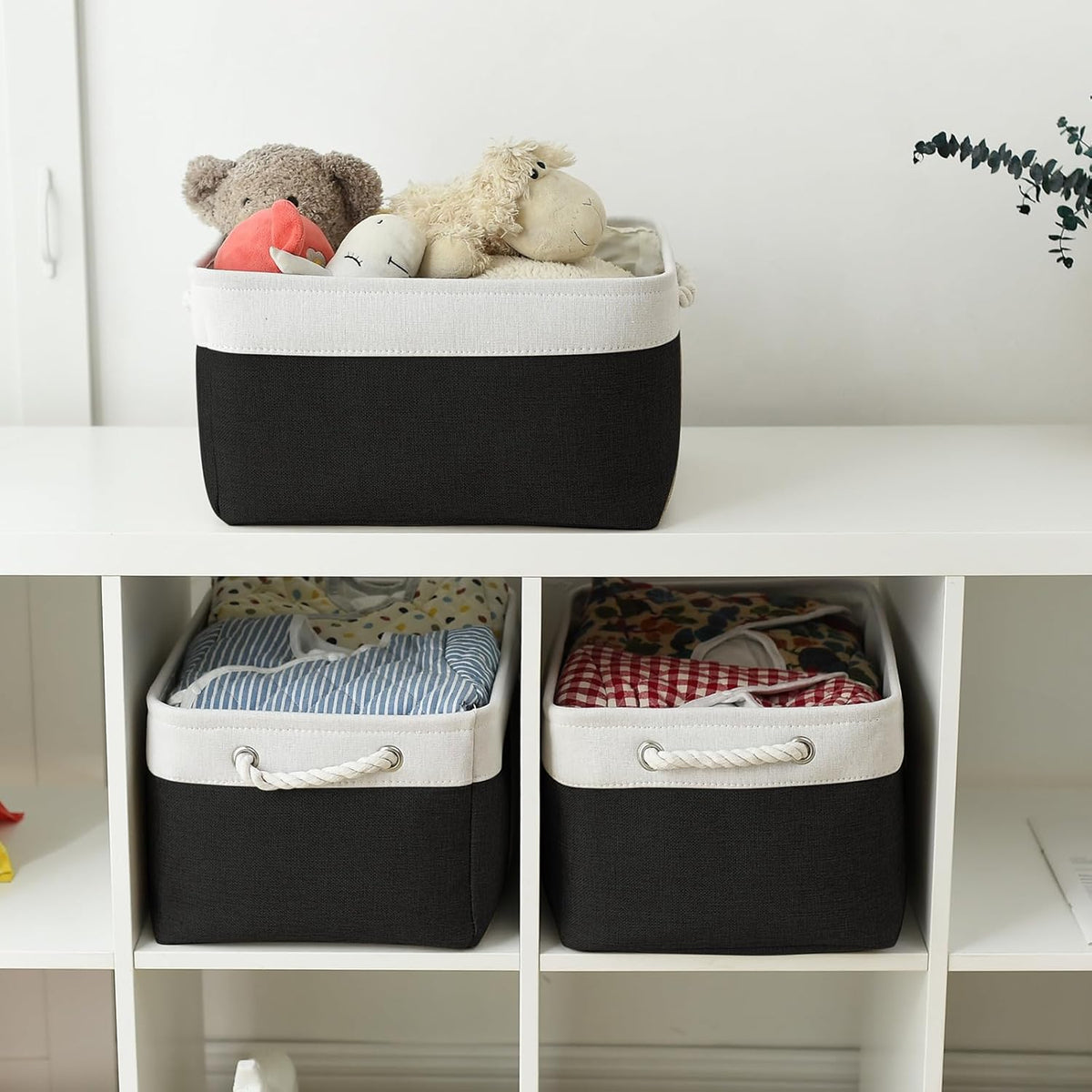 TheWarmHome Storage Bins for Shelves - 1 Pack 15.7x11.8x8.3 inch Canvas Storage Basket for Organizing Cubes Gift Dog Cloth Toy (White & Black)