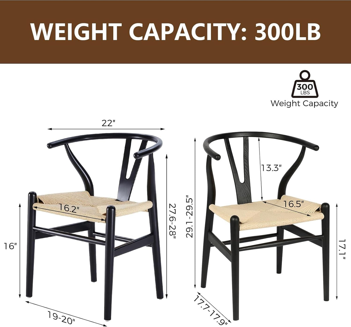 Wishbone Chair Natural Solid Wood Dining Chair/Hans Wegner Y Chair Rattan and Wood Accent Armrest Chairs Set of 2 (Ash Wood - Black + Natural Cord)