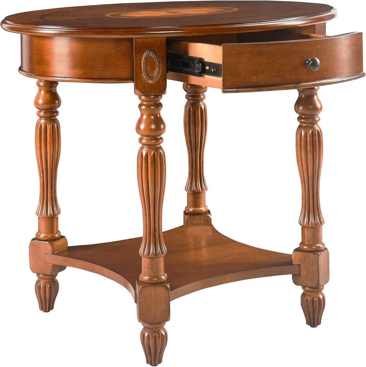 Solid Wood End Table with Drawer and Storage Shelf, Oval Sofa Side Table with Carved Legs, Living Room Corner Table, Large Beside Table, Elegant Vintage, No-Tools Assembly, Caramel Brown CJZ1533MG