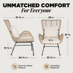 IDZO Isabelle Upgraded 2000 Hours UV Wicker Chairs Outdoor Set of 2, 500 lbs Capacity Outdoor Patio Chair, All-Weather Club Chair with Water-Resistant Olefin Cushions, Boho Style, Beige