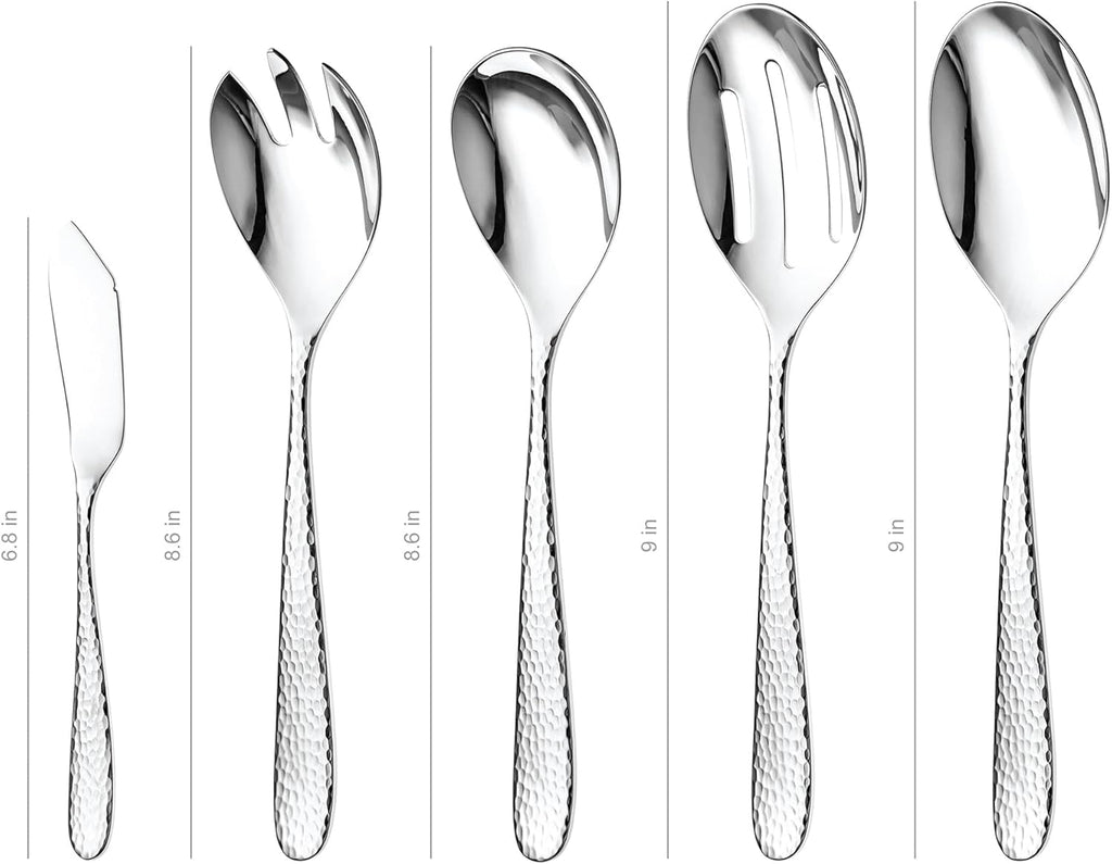 Hammered Serving Utensil Set, 18/10 Stainless Steel Serving Spoons, Salad Servers, Butter Knives, Mirror Finish, Dishwasher Safe, Elegant and Durable (10-Piece Serving Set, Fidenza Hammered)