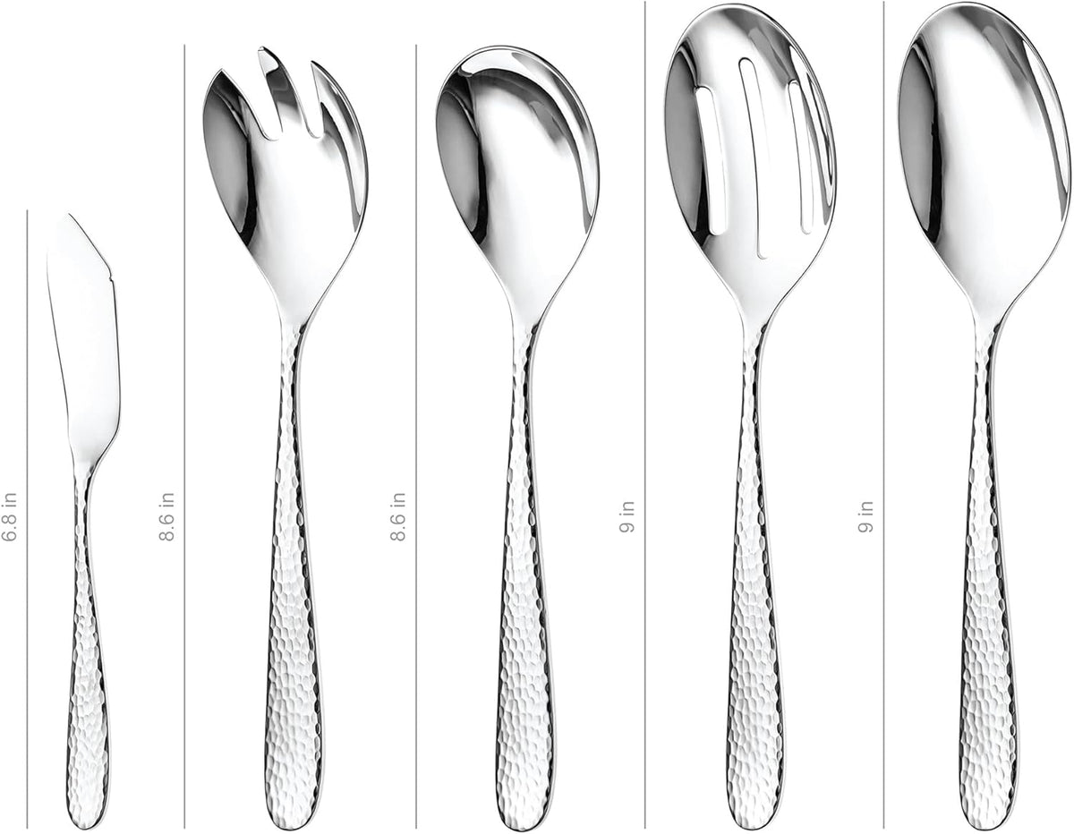 Hammered Serving Utensil Set, 18/10 Stainless Steel Serving Spoons, Salad Servers, Butter Knives, Mirror Finish, Dishwasher Safe, Elegant and Durable (10-Piece Serving Set, Fidenza Hammered)