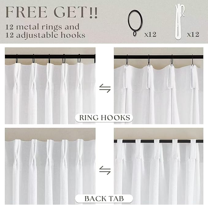 60 Inch Width Curtains 96 Inch White Linen Curtains Pinch Pleated | Linen Blend - Image 4