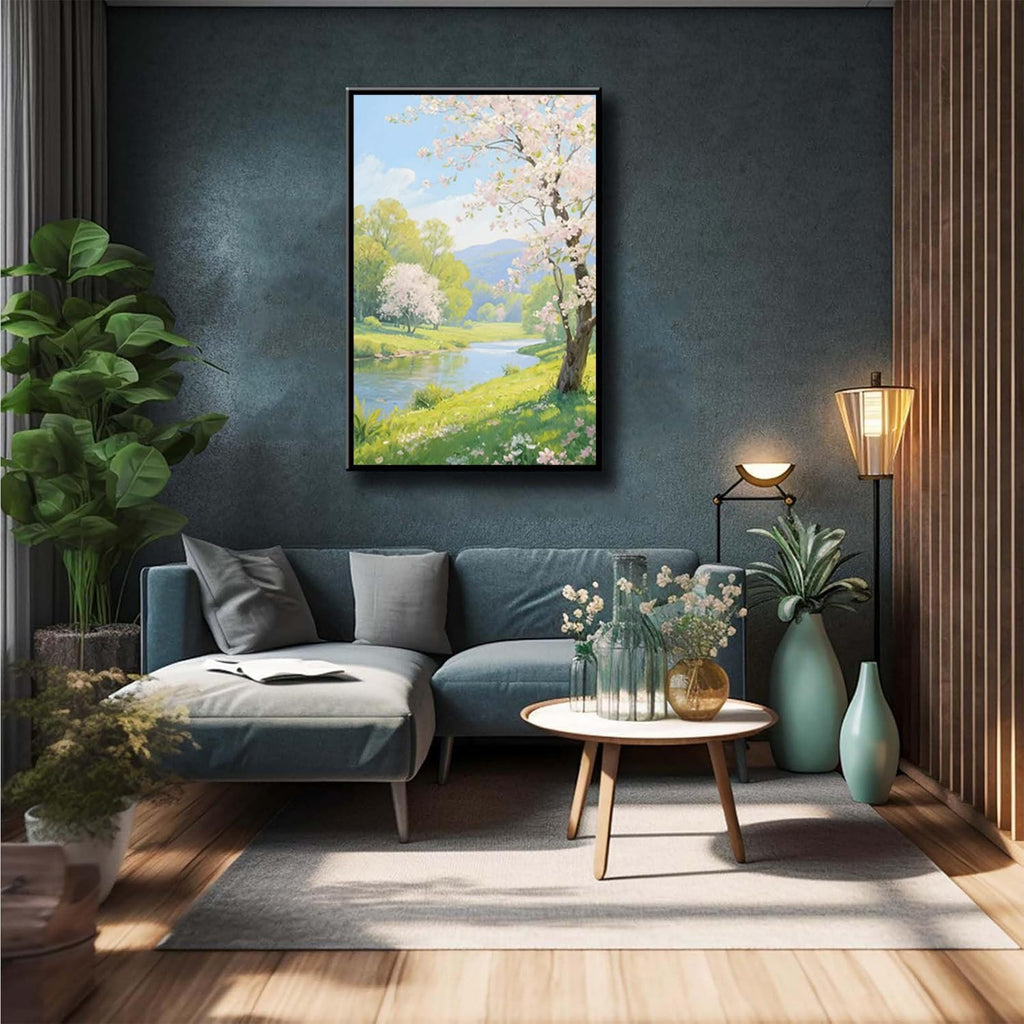 The scenery of a stream between trees and cherry blossoms under the blue sky is suitable for posting in the living room bedroom office landscape posters
