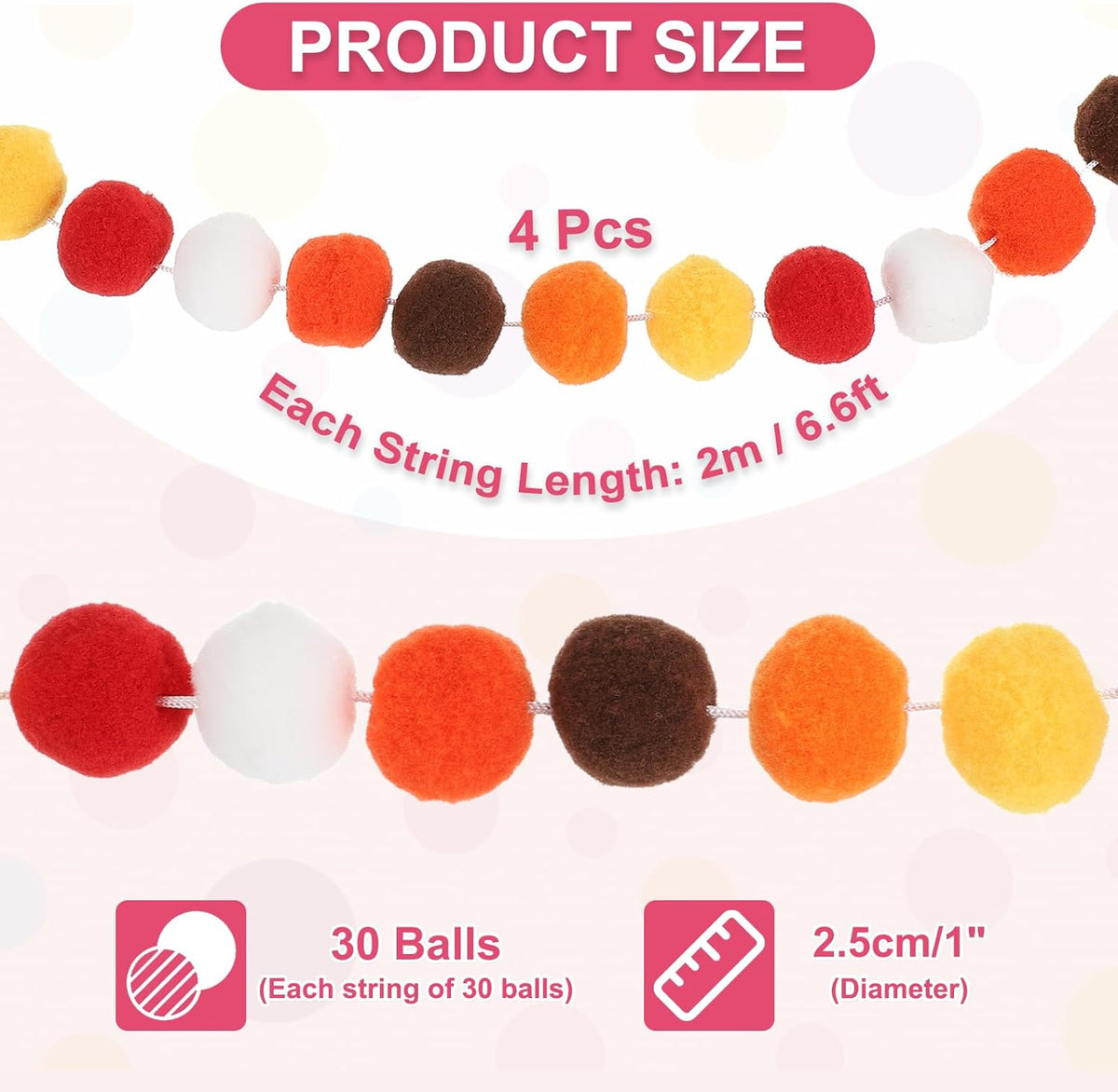 PATIKIL 26Ft Pom Pom Garland Decorations, 4Pcs Colorful Felt Ball Garland Banner Cute Rainbow Pompom Hanging Decorations for Tree Ornaments Decor, Yellow/Brown/Gold Tone/White/Orange/Red