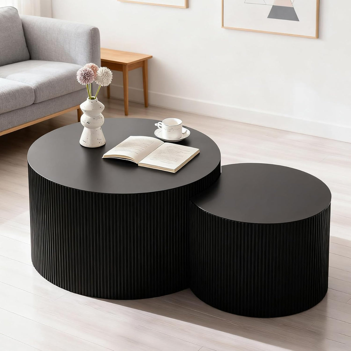 Round Nesting Coffee Table Modern Black Fluted Coffee Table Set of 2 Stripe Round Coffee Tables Drum Crescent Side Table Accent End Table for Living Room (Black B Large)