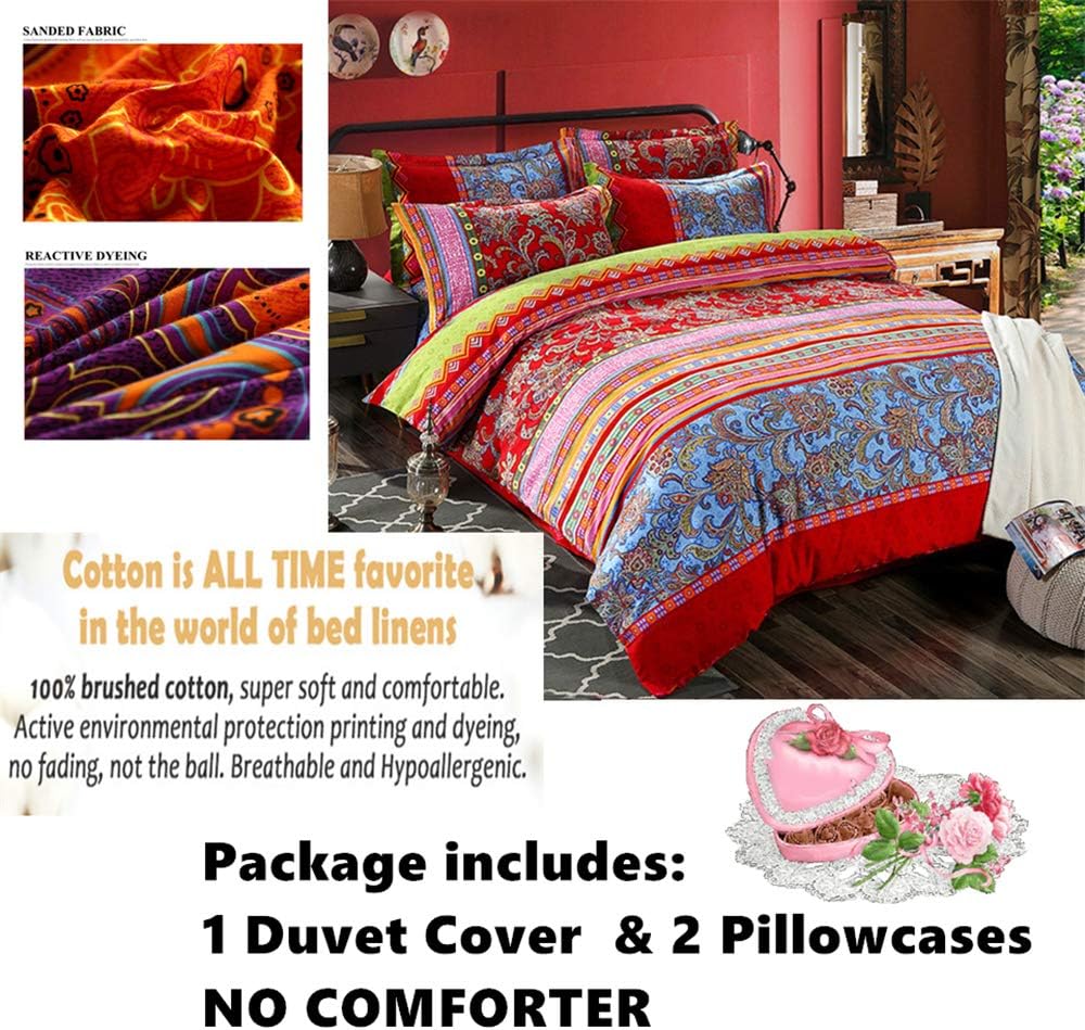 ABREEZE 3Pcs Bohemia Retro Bedding Ethnic Vintage Floral Duvet Cover Boho Bedding 100% Brushed Cotton Bedding Sets Damask Paisley Coloful Mandala Down Comforter Cover,Cal.King